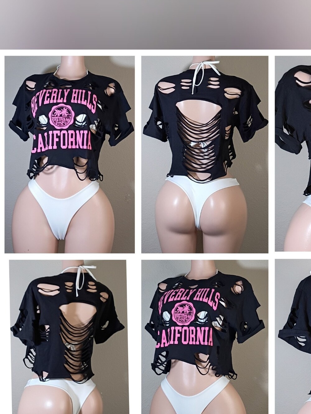 Beverly Hills California Custom  Black Distressed Crop Top with Pink Print